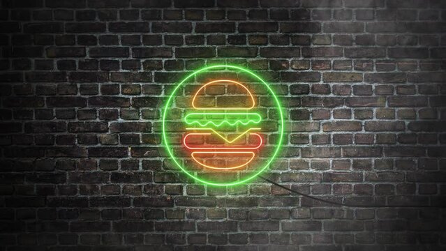 Burguer neon signboard on bricks wall background. Hamburguer with lettuce, cheese and tomato neon sign. 