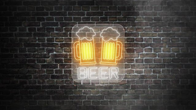 Two beer glasses neon signboard on bricks wall background.