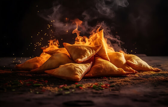 Realistic photo of veg samosa food with smoke coming out