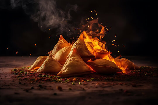 Realistic photo of samosa food with smoke coming out, dark background