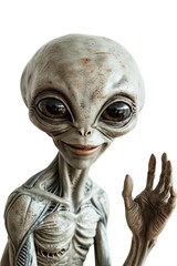 A close up of an alien with one hand up isolated on white
