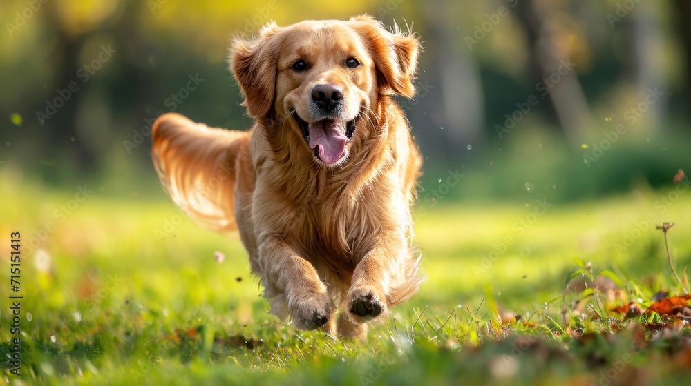 Poster a dog running through a field of grass with trees in the background, ai