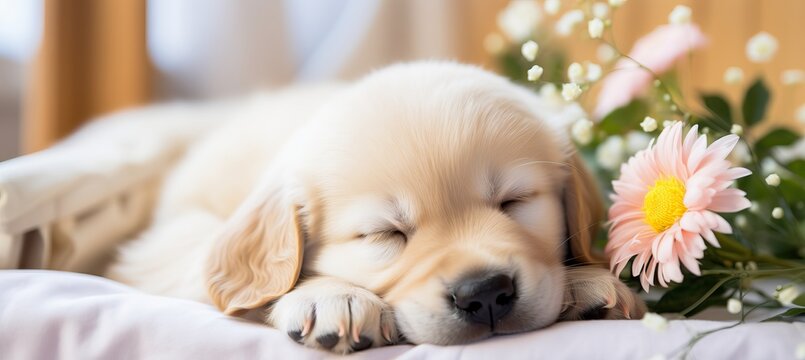 Comfortable cute dog sleeping on sofa with spacious text area on left   top side of image