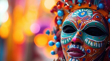 Obraz premium Closeup of a vibrant, handpainted festival mask, representing cultural traditions and celebrations.