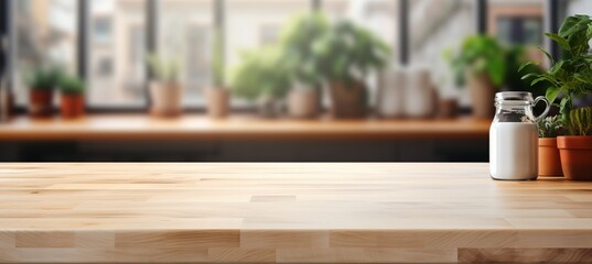 Empty wooden table top on white blurred kitchen counter for product display or design montage