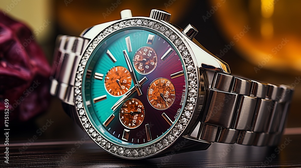 Wall mural Vibrant and detailed close up of stylish, sparkling wristwatch under bright studio lighting