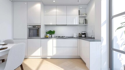 A white kitchen with a table and chairs, open plan kitchen corner design.