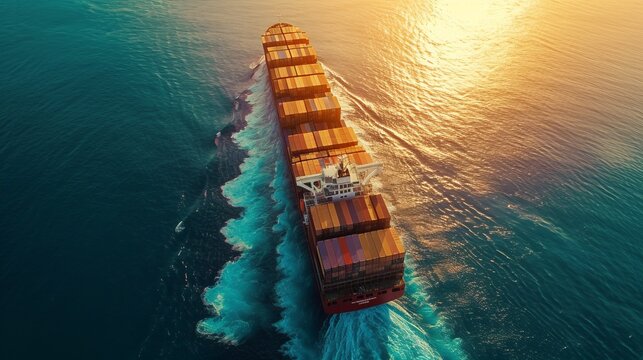 Aerial view of a massive container cargo ship sailing across the open sea on a clear day