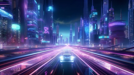 Fototapeta na wymiar Retro-futuristic 80s style drive in neon city. Cyberpunk sunset landscape with a moving car on a highway road. Neural network AI generated art