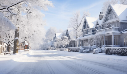 snowy street in a suburban residential area - holiday promotion ads assets