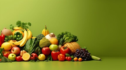 Healthy food concept. Fresh fruits and vegetables, solid colour background, copy space, photo hyper realistic
