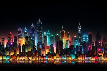 Abstract neon light patterns in a cityscape  vibrant colors under bright urban illumination.