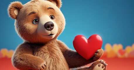 Cute bear holds a red heart in its paws on a blurred blue background. In 3D style. Love, children and family concept.