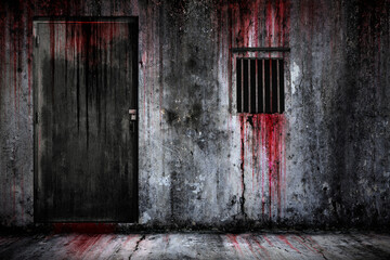 Bloody background scary old cement wall and floor, and the door, and window with rusted iron bars, the concept of horror and Halloween - obrazy, fototapety, plakaty