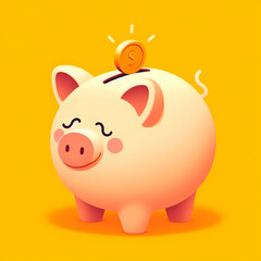 piggy bank and coins on yellow background