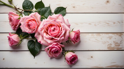 Fototapeta na wymiar Top view of pink rose flower rustic white wood background