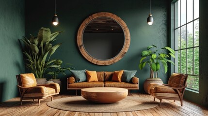 A living room with green walls and a round mirror - obrazy, fototapety, plakaty