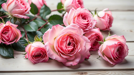 Fototapeta premium Top view of pink rose flower rustic white wood background