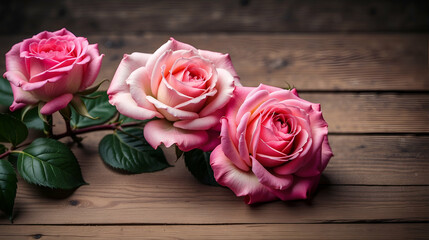 Top view of pink rose flower rustic wood background