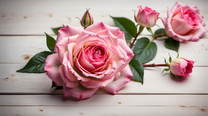 Top view of pink rose flower rustic white wood background