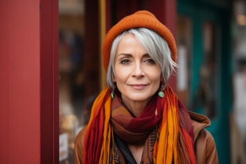Beautiful mature woman with short gray hair in a hat and scarf