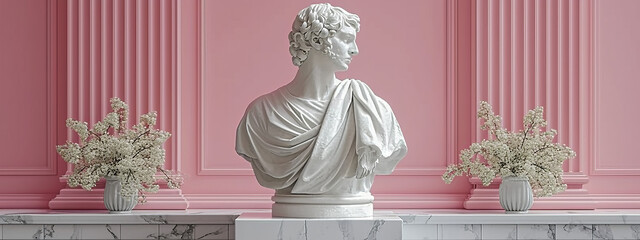 Marble Bust of Woman in Pink Room, Grace and Elegance Preserved in a Captivating Sculpture