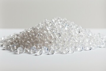 Transparent PVC granulate, recycled plastic granules, biodegradable plastic. Granules of eco-friendly plastic raw material at the factory