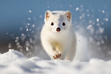 A Delicate Sprint in the Snow: Winter White Ermine Captured in a Snowy Landscape