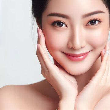 Chinese woman touch face with smooth healthy skin. Beautiful young looking asian woman happy smiling, beauty and cosmetics advertising concept