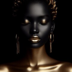 Black female face with gold makeup on black background. 