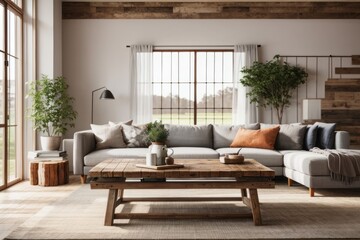 Farmhouse interior home design of modern living room with gray sofa and old wooden table with grid window in farmhouse