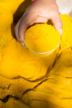 Turmeric powder or curcuma, for sale at local market, Myanmar