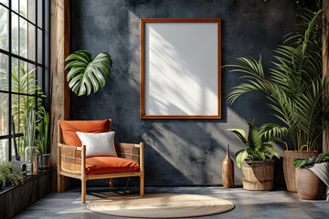 A room with a chair and a picture frame on the wall, frame mockup with copy-space.