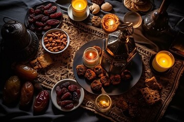 Top-down view of Muslim iftar feast featuring dried dates, nuts, sweet drinks, and a lantern lamp as decoration. Generative AI