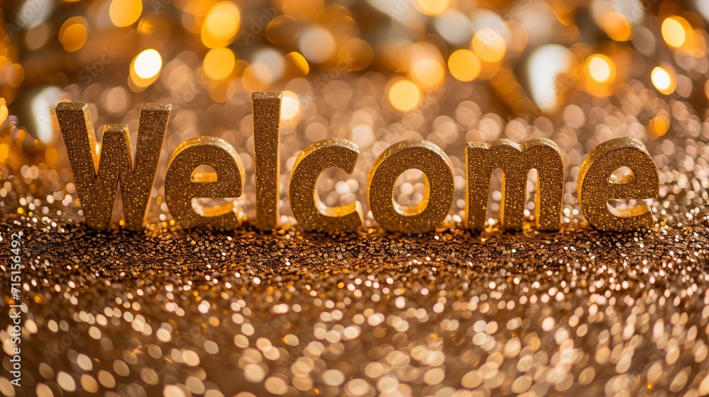 Poster welcome to the enchanting sparkles postcard with magical bokeh background and golden text
