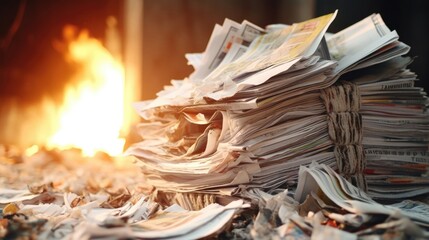 Closeup of a pile of newspaper being compacted for recycling.