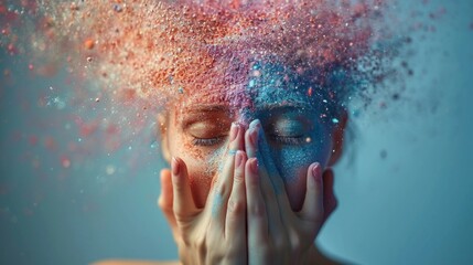 A woman with her hands covering her face is covered in colored powder, AI