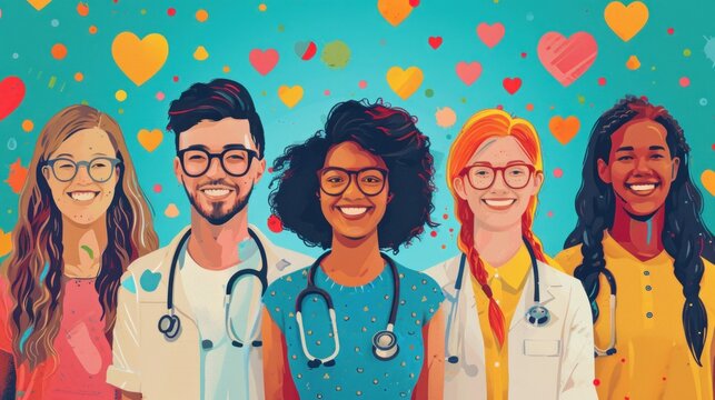 A group of doctors and nurses standing in front of a colorful background, AI