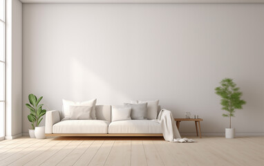 Interior of the living room. Furnished with a sofa, table, vase, and houseplants. Modern and minimalist style interior