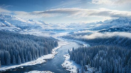 Aerial view capturing the expanse of a winter wonderland, with snow-covered hills, meandering rivers, and forests, the landscape resembling a delicate and intricate snow globe