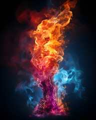 Colorful Burning Fire Flames on Black Background. Multicolored Smoke Blooms