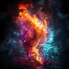 Colorful Burning Fire Flames on Black Background. Multicolored Smoke Blooms