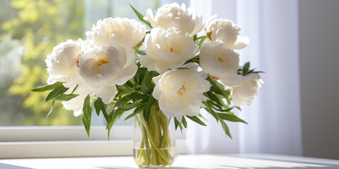 A bouquet of white peonies in a vase by the window. Photo for wedding, mother's day, valentine's day or women's day. Spring composition. High quality photo