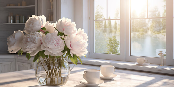 A bouquet of white peonies in a vase in the kitchen. Photo for wedding, mother's day, valentine's day or women's day. Spring composition. High quality photo