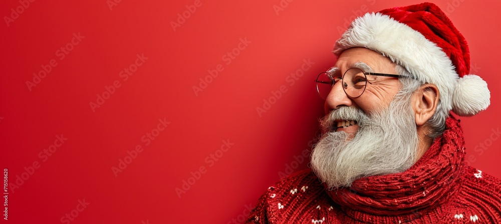 Poster jolly santa claus smiling on a vibrant red background with ample space for text placement