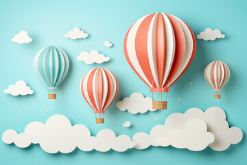 Hot air balloons sun and clouds made in realistic paper