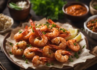 Seasoned grilled shrimp garnished with parsley on parchment