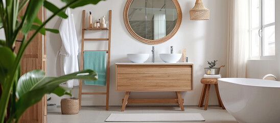 Obraz na płótnie Canvas A bath room with a sink a mirror and a bath tub, modern boho interior
