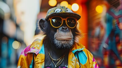 Hipster monkey wearing a hip-hop-inspired 90s outfit, retro vintage fashion, pop culture quirky, eccentric style colorful jacket sunglasses gold chain. Funny pet animal in costume humorous concept. - obrazy, fototapety, plakaty