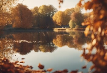 Fototapeta premium Peaceful Landscapes of a Calm Lake Lit by Sunlight in Autumn